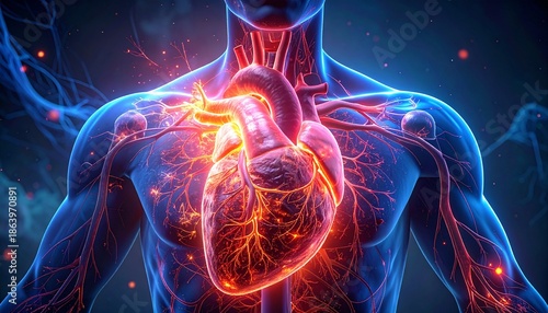 Anatomy of Heart and Body: A detailed, photorealistic depiction showcasing the human heart in the center of the chest, set against a body, illuminated to highlight the cardiovascular system.