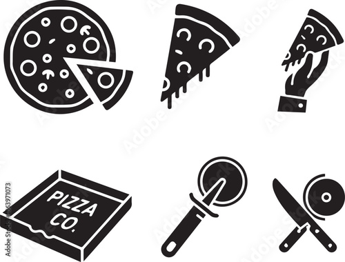 Black and white vector icon set of pizza slice, box, cutter, and hand-held serving tools