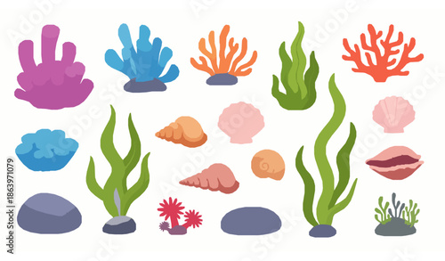 Cartoon underwater coral seaweed and shells vector set isolated
