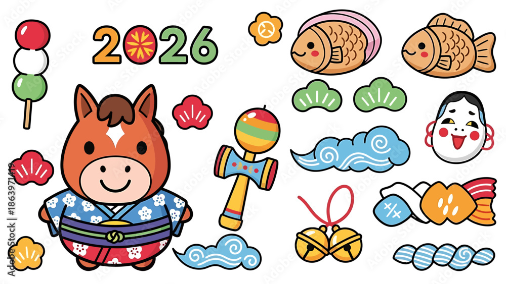 Obraz premium Illustration of a smiling horse in traditional attire surrounded by Japanese New Year elements and symbols for the year 2026
