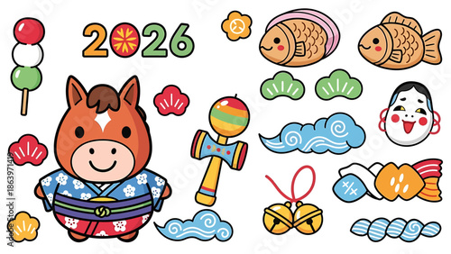 Illustration of a smiling horse in traditional attire surrounded by Japanese New Year elements and symbols for the year 2026