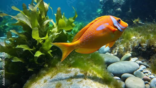 Vibrant orange fish swimming underwater sea.
