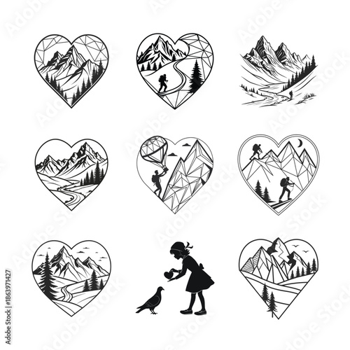 Geometric heart silhouettes with nature scenes