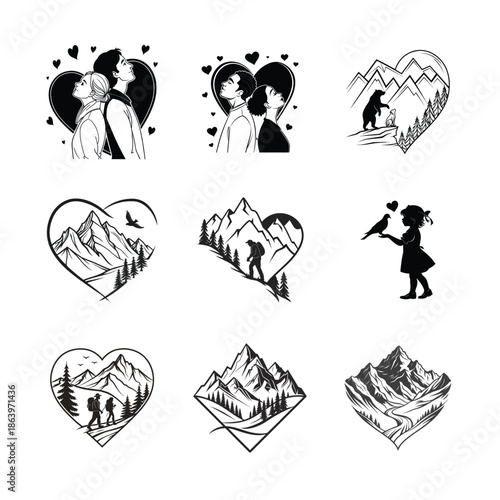 Black and white love and nature illustrations