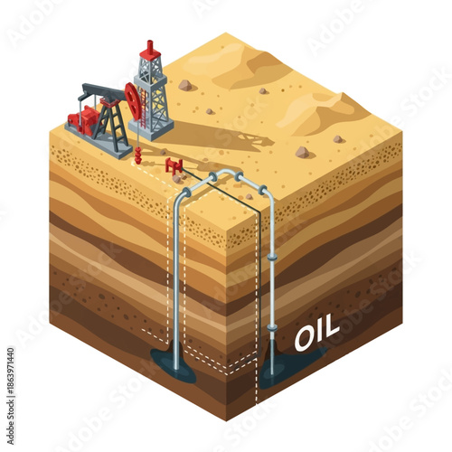 Isometric cross-section illustration of an oil drilling site with pumpjack and derrick extracting oil from underground layers.