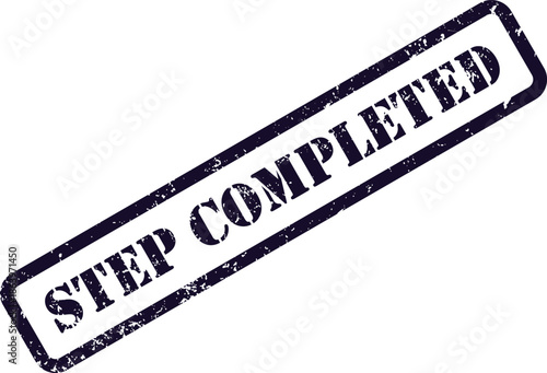 An official looking purple rubber stamp impression with a grunge texture shows the phrase STEP COMPLETED