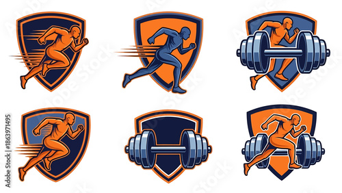 Set of dynamic running man icons with dumbbells and shields, symbolizing speed and fitness for sports and gym branding