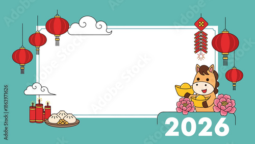 Happy 2026 Chinese New Year greeting card with a cute horse holding gold and firecrackers