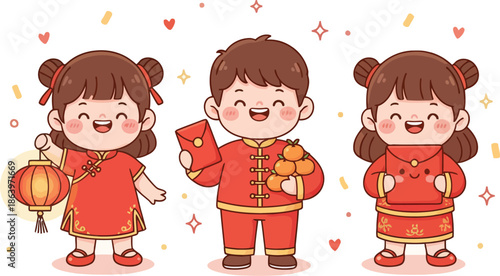 Three happy cartoon children celebrating Chinese New Year in traditional red outfits with festive items like lanterns, red envelopes, and tangerines.