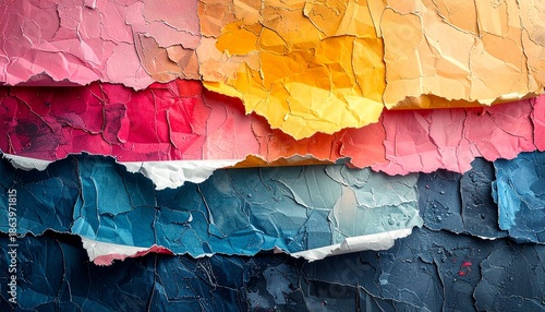 Torn colored paper layers revealing texture and vibrant hues in a collage