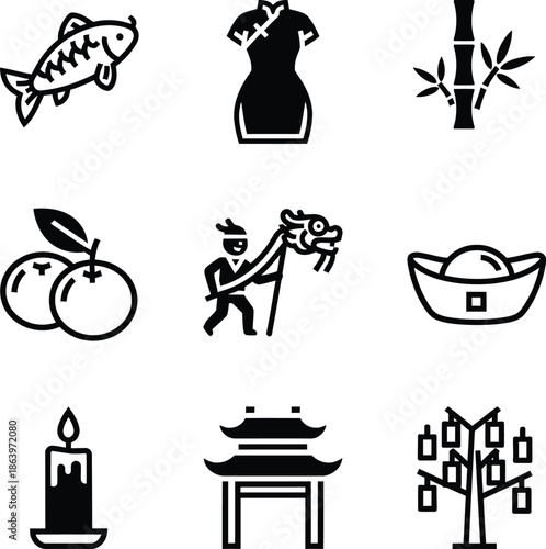 A collection of black and white icons representing various elements of Chinese culture and traditions.