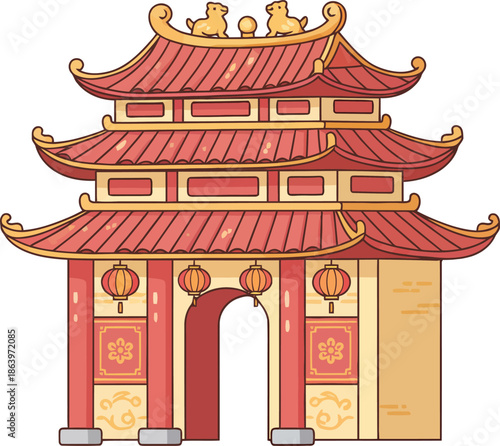Detailed illustration of a traditional Chinese gate with red roofs, golden accents, and hanging lanterns.