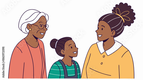 Vector image of three generations of women (grandmother, mother, and daughter) chatting and smiling at home, modern flat style, diversity, white background.