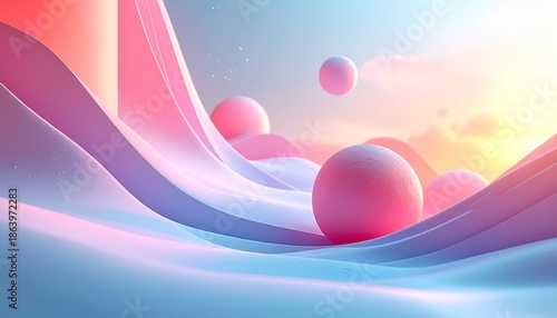 Spheres floating above wavy surfaces in a vibrant landscape with pastel colors and soft lighting
