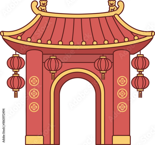 Traditional red and gold Chinese gate with lanterns and ornate roof, symbolizing cultural heritage and celebration.