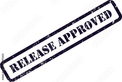 Grungy purple ink rubber stamp with the positive message release approved diagonally across a white surface