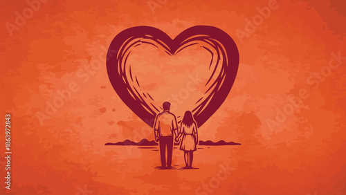 A couple standing together and looking up at a large heart symbol in vintage style