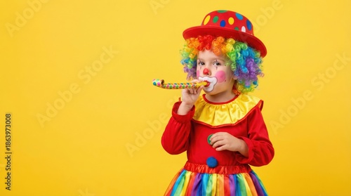 Adorable little girl in a colorful clown costume blowing a party horn on a yellow background.