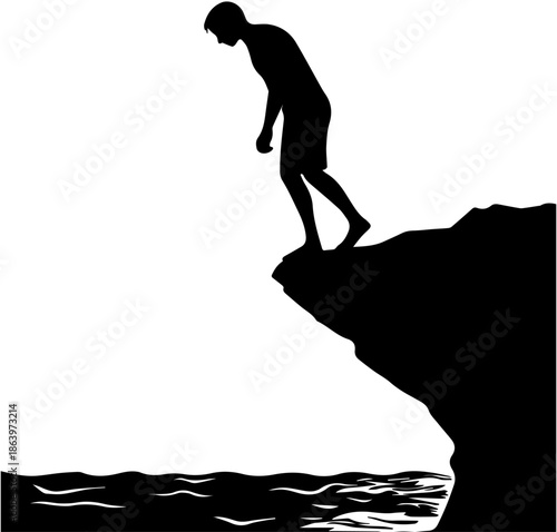 Man Standing on Cliff Edge Silhouette – Risk, Decision and Courage Concept Black Illustration