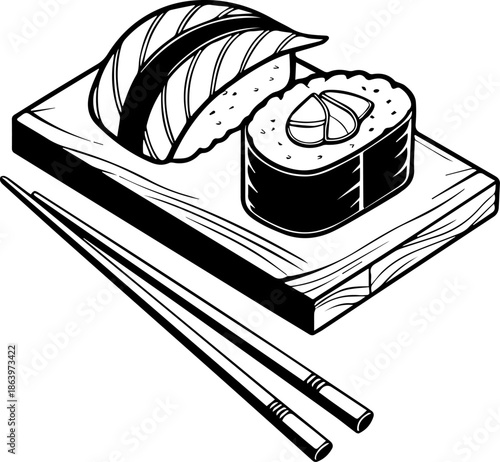 Sushi on Board – Black and White Japanese Food Silhouette