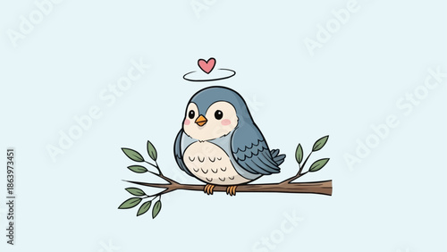 Cute cartoon bird with heart halo sitting on a branch.