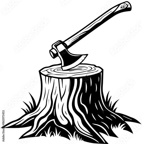 Axe in Tree Stump – Black and White Woodcutting Silhouette