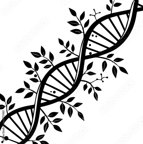 DNA Helix with Leaves – Black and White Genetic Nature Illustration