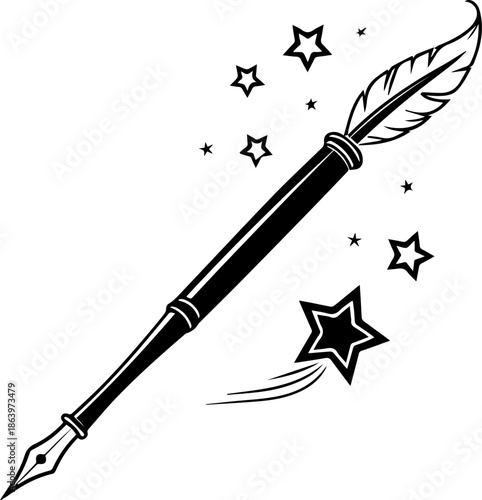 Magic Pen with Stars – Black and White Creative Writing Silhouette