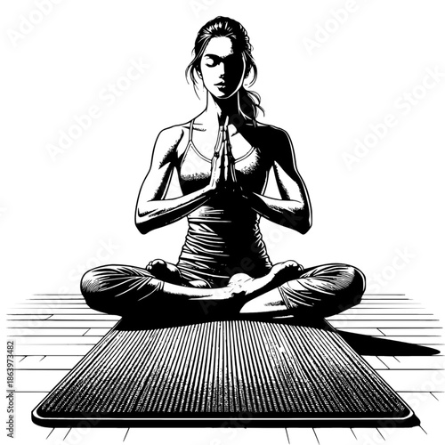 Serene Yoga: A woman finds inner peace through yoga, embodying tranquility and balance in this captivating scene.