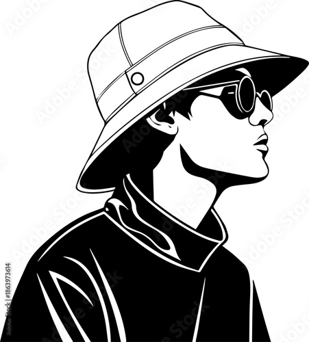 Stylish Profile – Black and White Fashion Silhouette with Hat and Glasses