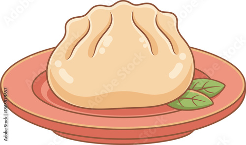 A cartoon illustration of a single steamed bun on a red plate with two green leaves.