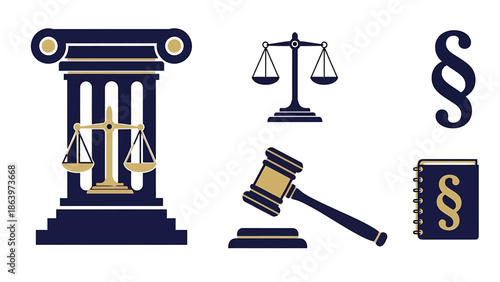 Professional collection of vector law and justice icons, judicial symbols, and legal system elements for diverse graphic design projects and educational materials