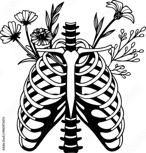Botanical Ribcage and Lungs – Black and White Anatomical Floral Fusion