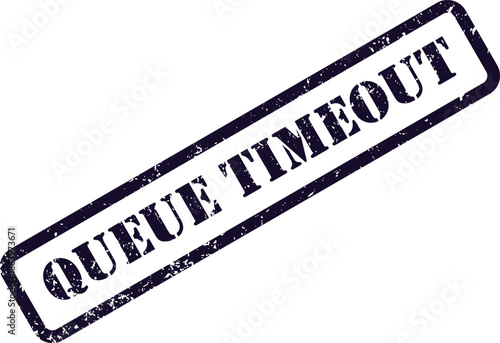 Presenting a textured purple rubber stamp with the critical message QUEUE TIMEOUT against a plain white field