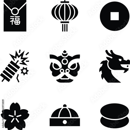 Collection of Chinese New Year and cultural icons including a red envelope, lantern, coin, firecracker, lion dance mask, dragon, cherry blossom, hat, and macarons