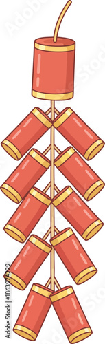 Illustration of a traditional string of red firecrackers with a fuse, commonly used for festive celebrations and cultural events.