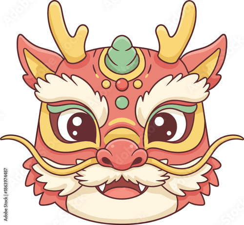 A cute cartoon illustration of a traditional Chinese dragon or lion dance head in red, yellow, and green colors, with horns and a mustache.