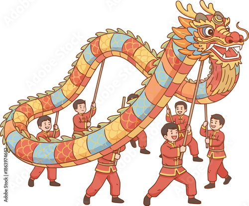 A vibrant Chinese dragon dance performance with people in traditional red costumes holding up the colorful dragon.