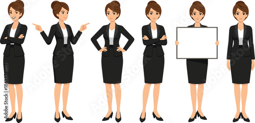 Business woman character illustration set showing professional poses presentation gestures office work confident female isolated on white background vector