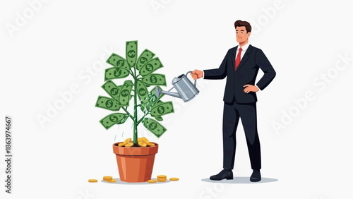 Businessman nurturing money tree with care and precision