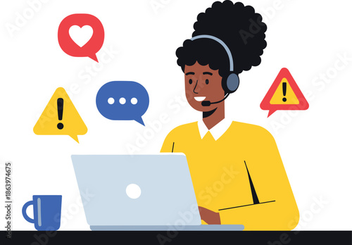 Customer support agent illustration working on laptop with headset chat icons alerts online service communication concept isolated on white background