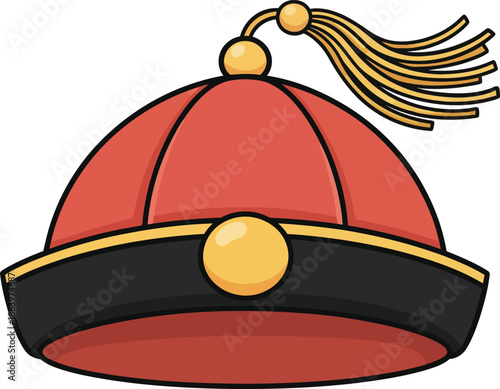 A cartoon illustration of a traditional red Chinese hat with a black band, a gold button, and a gold tassel on top.