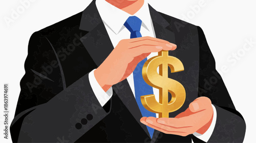 Businessman holding a golden dollar sign in his hands