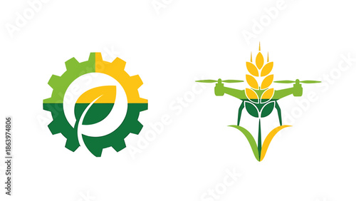 Innovative agricultural technology icons featuring a gear and wheat with a drone