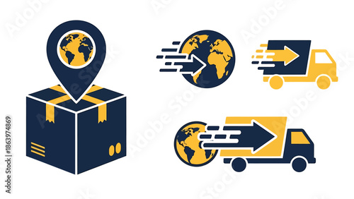 Global delivery and logistics concept icons with earth and shipping truck symbols