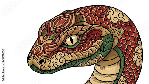 Decorative snake head red and gold patterned serpent.