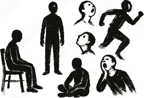 Black ink brush stroke figures man sitting standing running shouting looking up silhouette white