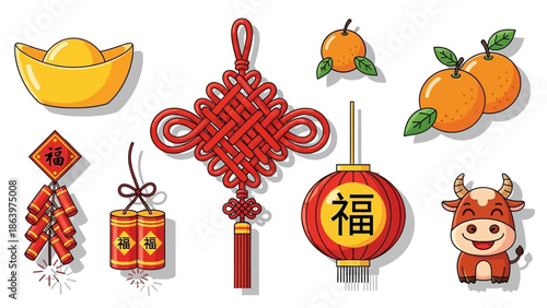 Chinese New Year symbols red decorations gold.