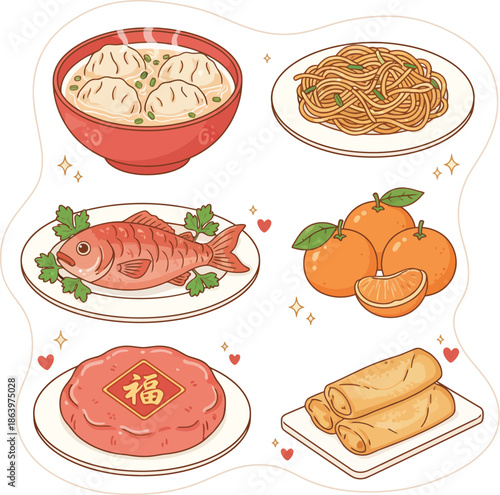 A collection of traditional Chinese New Year dishes including dumplings, noodles, fish, oranges, Nian Gao, and spring rolls, presented in a cute cartoon style.