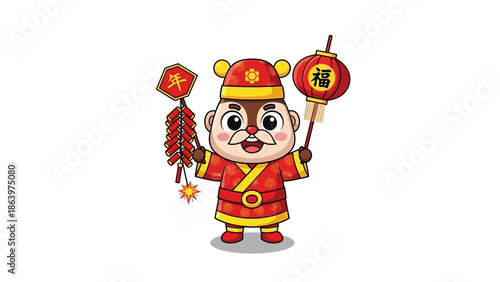 Chinese New Year character holding lantern firecracker.